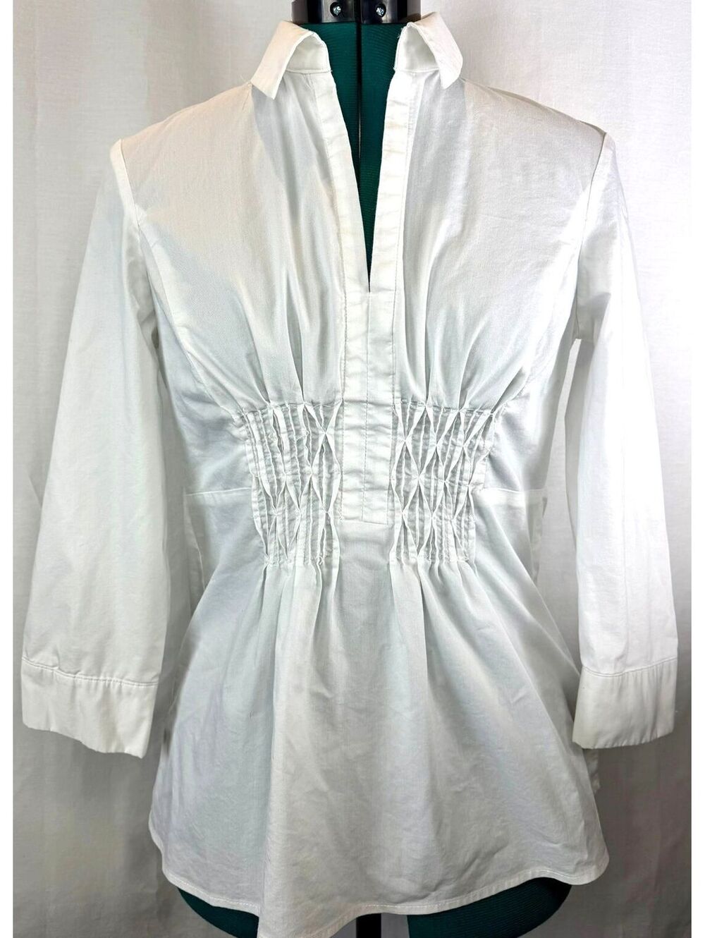 New York & Company Stretch Small White Smocked-Waist Tunic Blouse